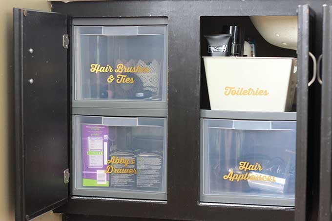 organized bins under the bathroom sink, learn how to organize