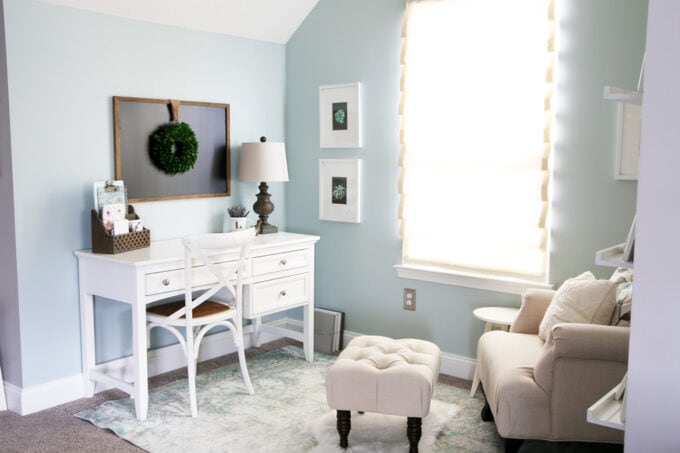 White Writing Desk in an Organized Home Office Nook