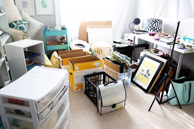 Messy home office space, ready to be organized